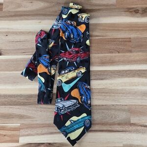 Vintage Addiction Black Multi Color Classic Cars Pattern 100% Silk Necktie